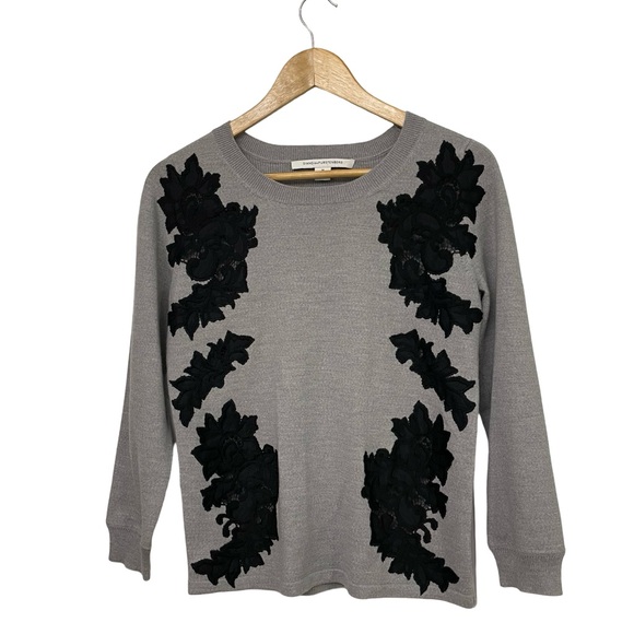 [m] DVF Sweater Doreen Fog & Black Floral Applique Pullover lace wool - Picture 2 of 8